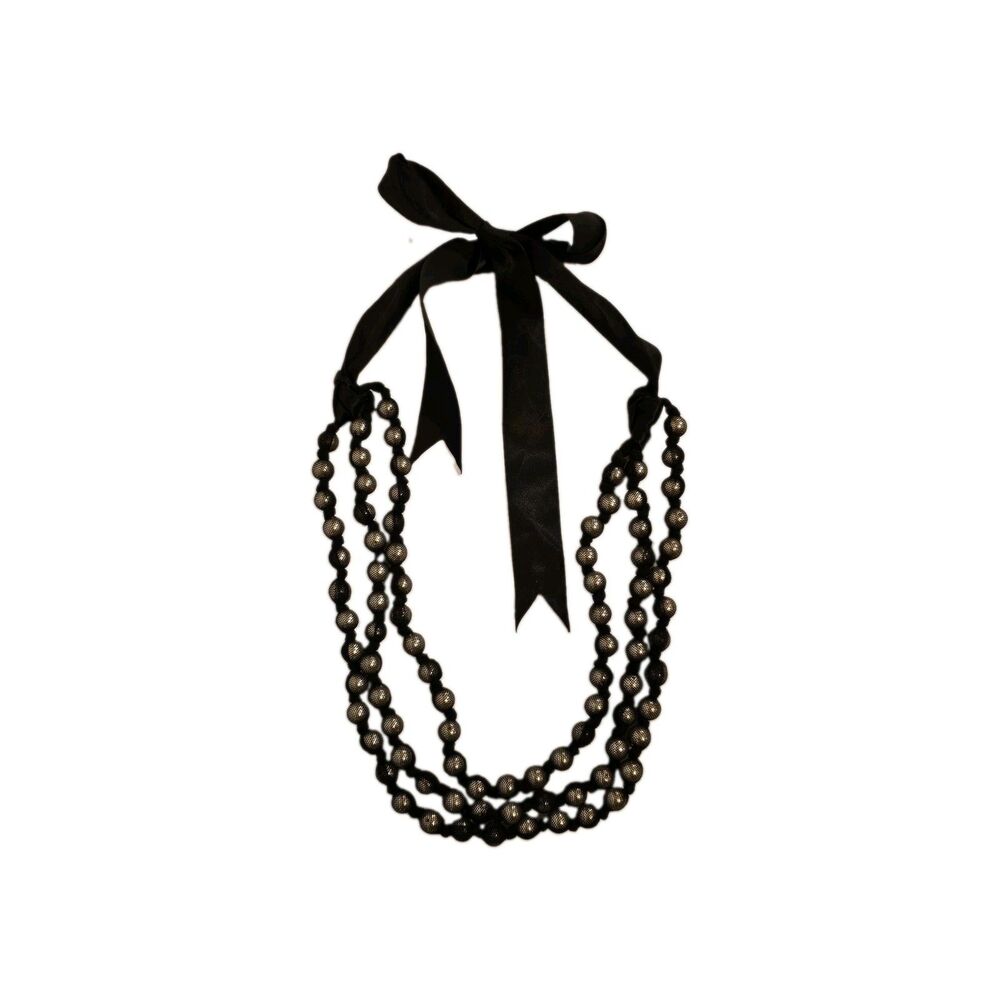 Layered Gray Round Pearl Beaded Necklace Black Ribbon Tie Closure Adjustable